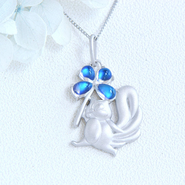 Womens Squirrel And Clover Shaped Silver Moonstone Pendant Necklace For Women Beautiful