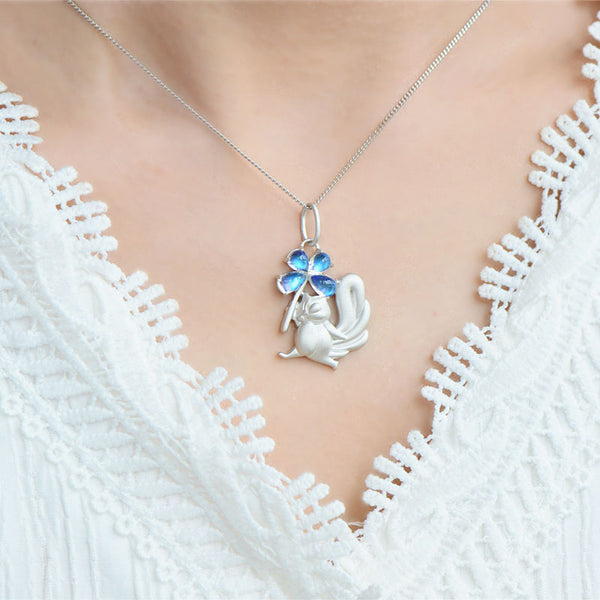Womens Squirrel And Clover Shaped Silver Moonstone Pendant Necklace For Women Best
