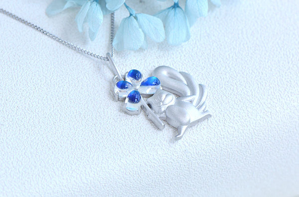 Womens Squirrel And Clover Shaped Silver Moonstone Pendant Necklace For Women Chic