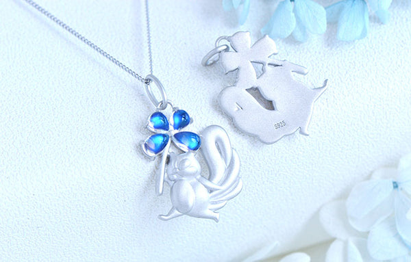 Womens Squirrel And Clover Shaped Silver Moonstone Pendant Necklace For Women Designer