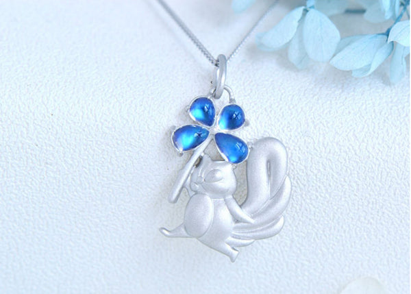 Womens Squirrel And Clover Shaped Silver Moonstone Pendant Necklace For Women Details