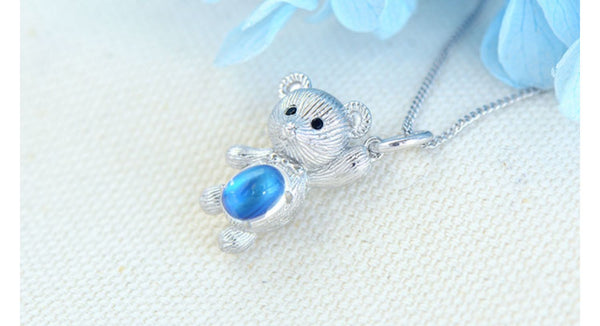 Womens Sterling Silver Bear Moonstone Pendant Necklace June Birthstone for Women Cute