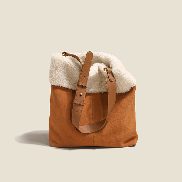 Womens Suede Leather Tote Bag With Faux Fur Shoulder Handbags For Women Affordable