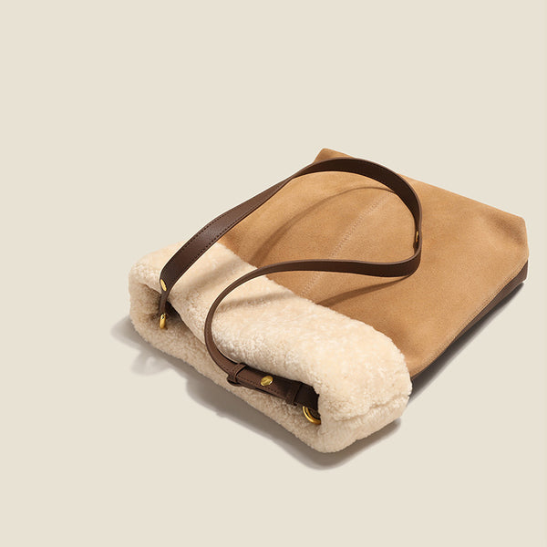 Womens Suede Leather Tote Bag With Faux Fur Shoulder Handbags For Women Brown