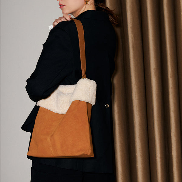 Womens Suede Leather Tote Bag With Faux Fur Shoulder Handbags For Women Chic