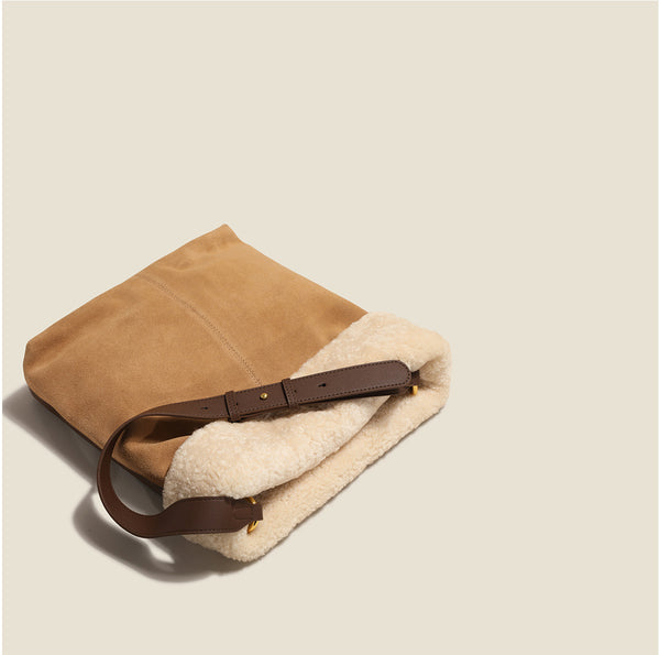 Womens Suede Leather Tote Bag With Faux Fur Shoulder Handbags For Women Cute