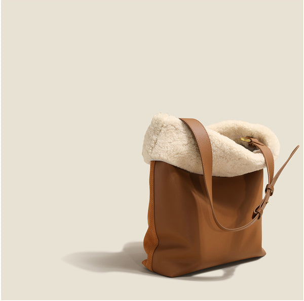 Womens Suede Leather Tote Bag With Faux Fur Shoulder Handbags For Women Fashion