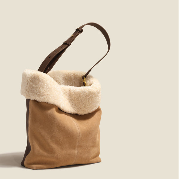 Womens Suede Leather Tote Bag With Faux Fur Shoulder Handbags For Women