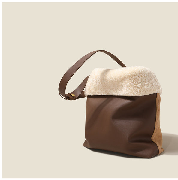 Womens Suede Leather Tote Bag With Faux Fur Shoulder Handbags For Women Gift