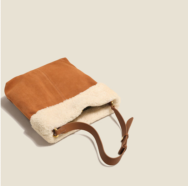 Womens Suede Leather Tote Bag With Faux Fur Shoulder Handbags For Women Stylish