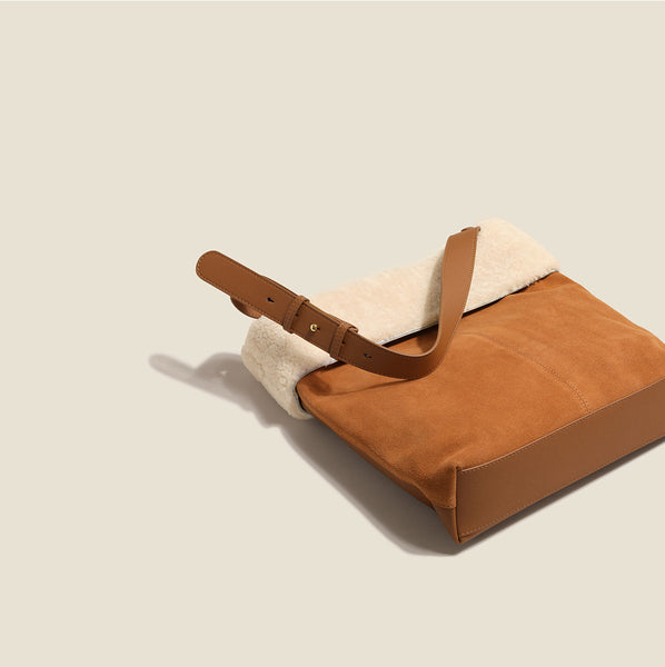 Womens Suede Leather Tote Bag With Faux Fur Shoulder Handbags For Women