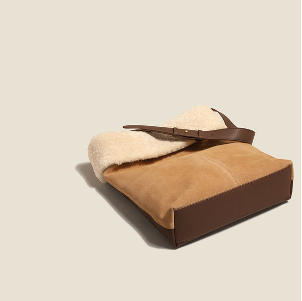 Womens Suede Leather Tote Bag With Faux Fur Shoulder Handbags For Women