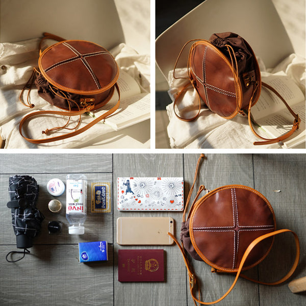 Womens Tan Leather Circle Bag Round Purse Over The Shoulder Purse for Women Brown