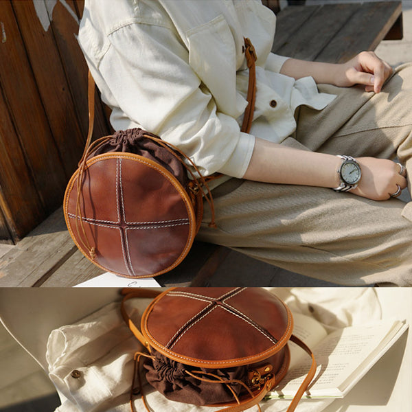 Womens Tan Leather Circle Bag Round Purse Over The Shoulder Purse for Women beautiful