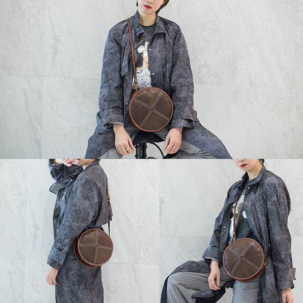 Womens Tan Leather Circle Bag Round Purse Over The Shoulder Purse for Women beautiful