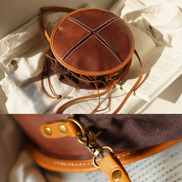 Womens Tan Leather Circle Bag Round Purse Over The Shoulder Purse for Women best