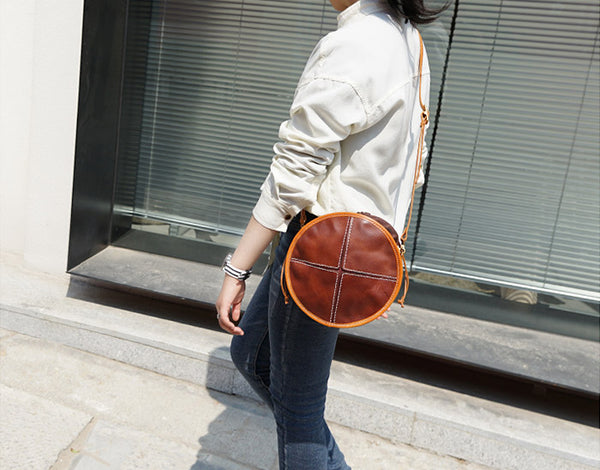Womens Tan Leather Circle Bag Round Purse Over The Shoulder Purse for Women cool