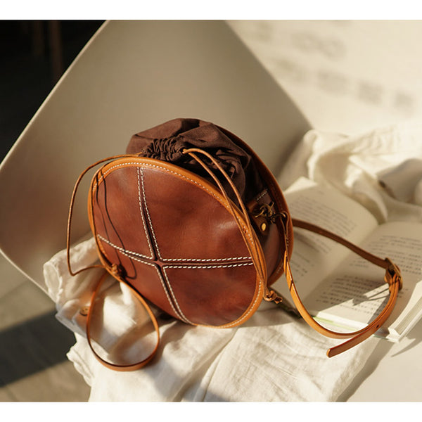 Womens Tan Leather Circle Bag Round Purse Over The Shoulder Purse for Women