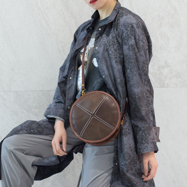Womens Tan Leather Circle Bag Round Purse Over The Shoulder Purse for Women