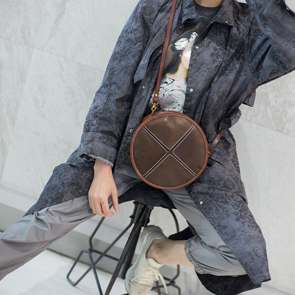 Womens Tan Leather Circle Bag Round Purse Over The Shoulder Purse