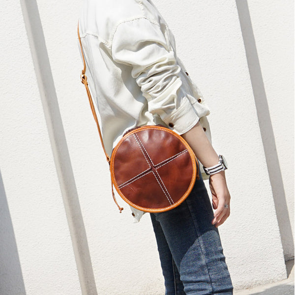 Womens Tan Leather Circle Bag Round Purse