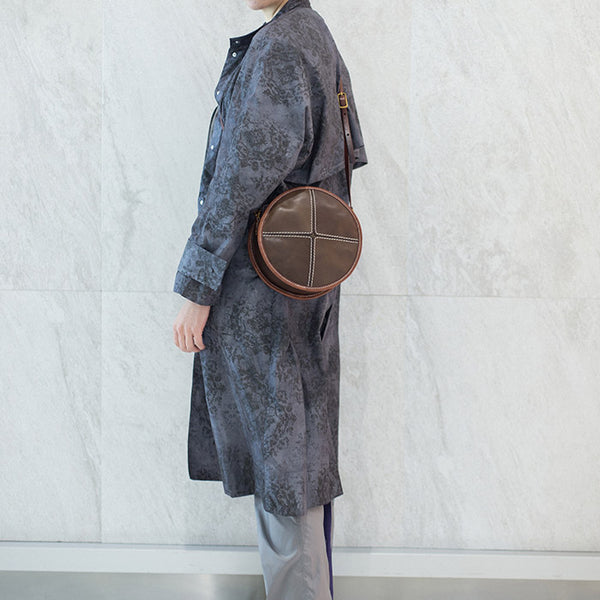 Womens Tan Leather Circle Bag Round Purse Over The Shoulder Purse