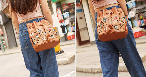Womens Vegan Leather Boho Crossbody Bucket Bag Purse Sling Bags For Women Cool