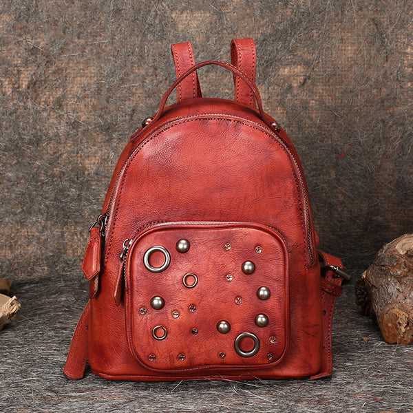 Vintage Womens Red Leather Backpack Purse Small Backpacks for Women