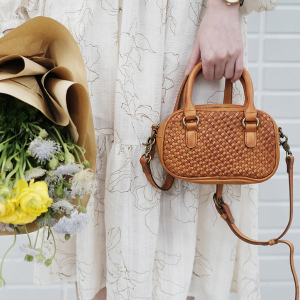 Womens Woven Brown Leather Shoulder Bag Brown Leather Crossbody Bag