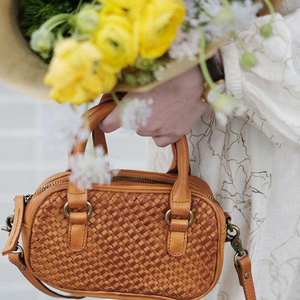 Womens Woven Brown Leather Shoulder Bag Brown Leather Crossbody Bag Beautiful