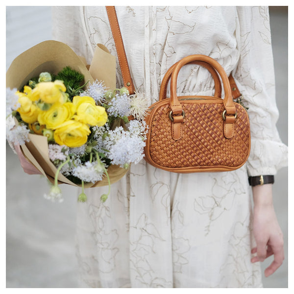 Womens Woven Brown Leather Shoulder Bag Brown Leather Crossbody Bag Brown