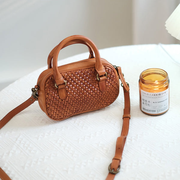 Womens Woven Brown Leather Shoulder Bag Brown Leather Crossbody Bag Casual