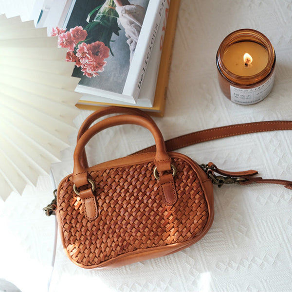 Womens Woven Brown Leather Shoulder Bag Brown Leather Crossbody Bag Chic