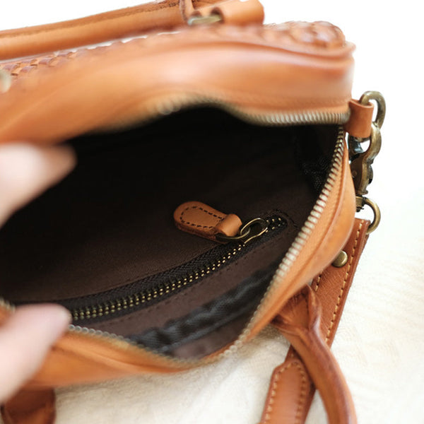 Womens Woven Brown Leather Shoulder Bag Brown Leather Crossbody Bag Inside