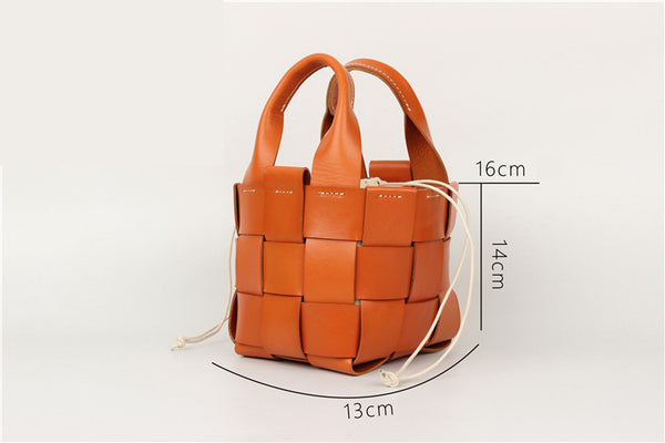 Vintage Womens Woven Genuine Leather Bucket Handbags Cross Shoulder Bag For Women