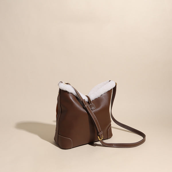 Womens Faux Fur Suede Leather Bucket Bag Cute Tote Bags For Women Brown