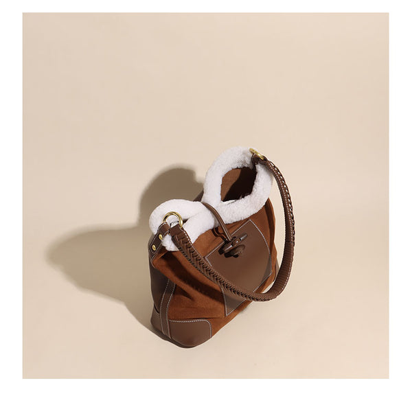 Womens Faux Fur Suede Leather Bucket Bag Cute Tote Bags For Women Cowhide