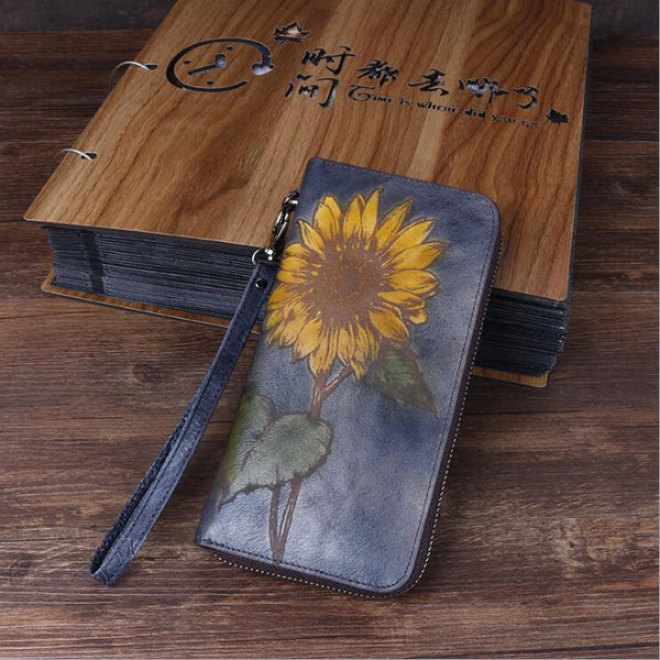 Womens Genuine Leather Clutch Wallet Purse With Sunflower Pattern Zip Around Wallet For Women