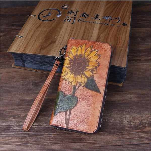 Womens Genuine Leather Clutch Wallet Purse With Sunflower Pattern Zip Around Wallet For Women Beautiful