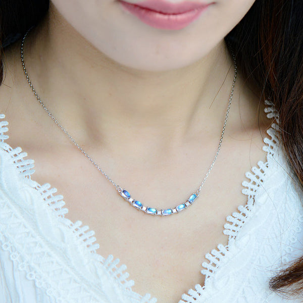 Elegant Womens Smile Bar Silver Moonstone Pendant Necklace June Birthstone Jewelry Beautiful