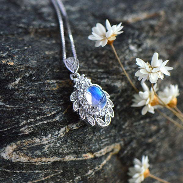 blue Moonstone Pendant Necklace Gold Sterling Silver Jewelry Women