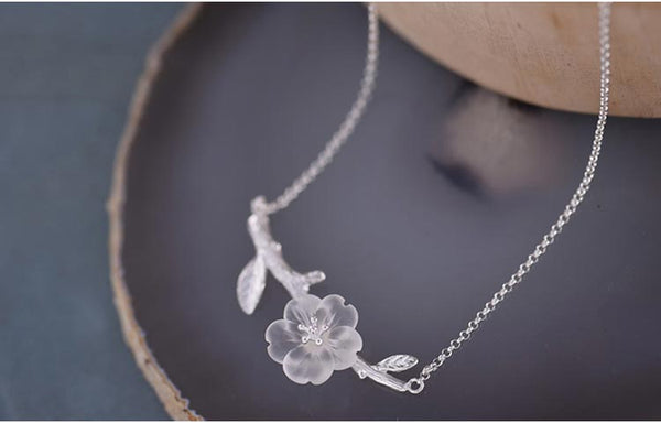 White Quartz Crystal Flower Pendant Necklace in White Gold Plated Silver For Women