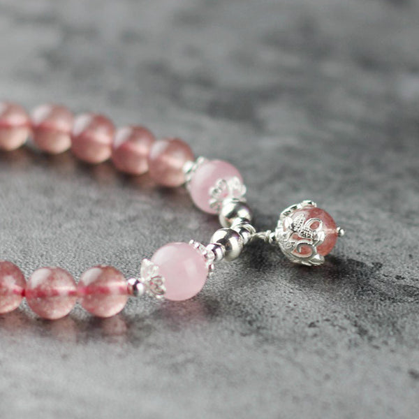 Sterling Silver Strawberry Quartz Crystal Beaded Bracelet Handmade Jewelry for Women