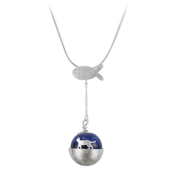 handmade Sterling Silver Lapis Lazuli Pendant Necklace Cute Cat lovers Jewelry Accessories Gifts Women chic