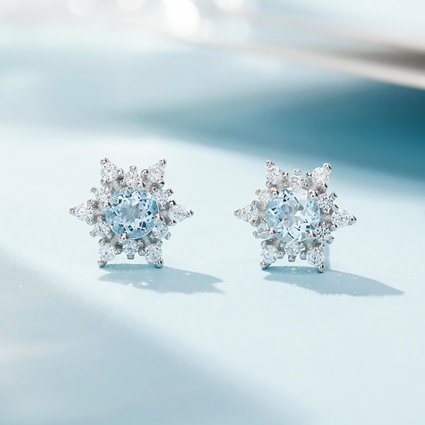 Aquamarine Snowflake Stud Earrings with Diamond Halo in White Gold Plated Sterling Silver