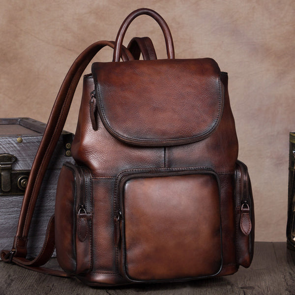 Vintage Womens Brown Leather Backpack Purse Designer Laptop Book Bag for Women