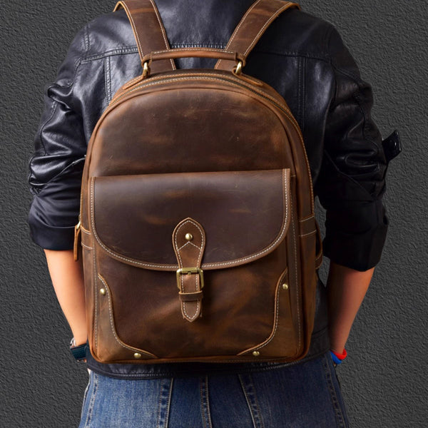 Funky Ladies Small Brown Leather Backpack Bag Bookbag Purse for Women