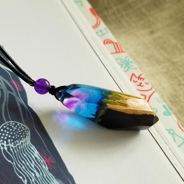 Aurora Ocean Resin and Wood Pendant Necklace Handmade Two Tone Rosewood Jewelry for Women Badass