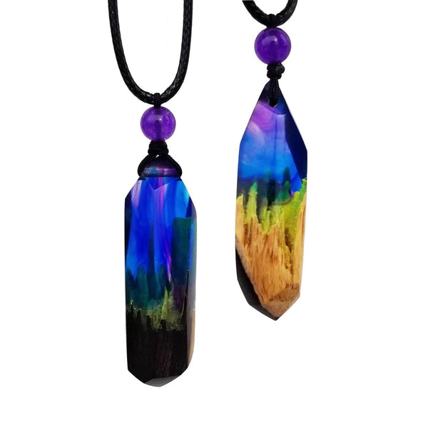 Aurora Ocean Resin and Wood Pendant Necklace Handmade Two Tone Rosewood Jewelry for Women Beautiful