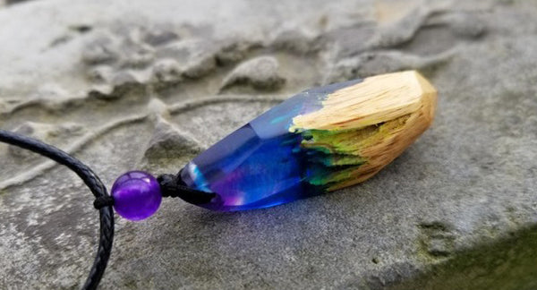 Aurora Ocean Resin and Wood Pendant Necklace Handmade Two Tone Rosewood Jewelry for Women Cute